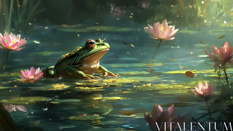 Lily-pad monarch frog basking in enchanted pond light.
