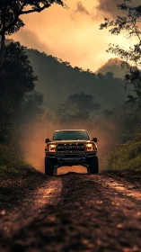 Bold off-road truck welcomes the golden jungle sunset