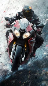 Motorcycle rider slicing through stormy spray and speed.