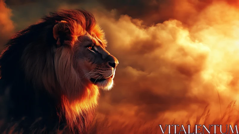 Lion profile glows against blazing sunset storm clouds