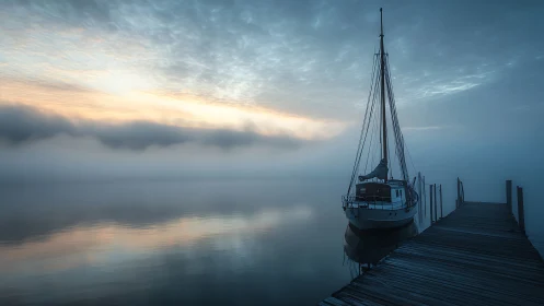 Lone sailboat dreaming in silver fog and blue dawn hush.