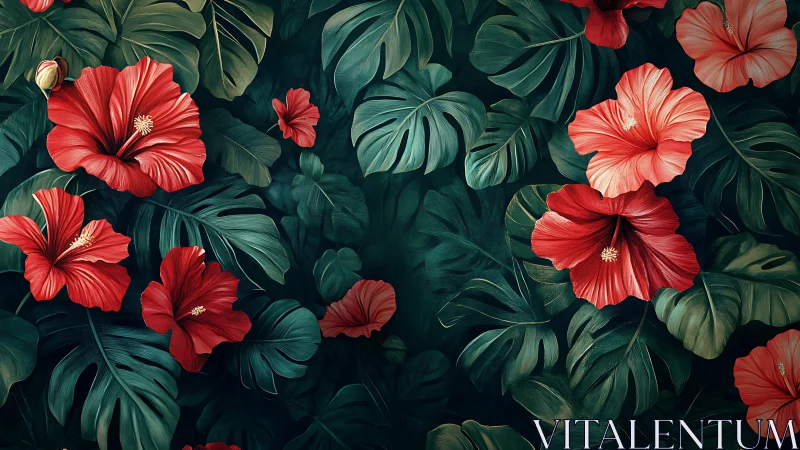 Vibrant Red Hibiscus Blooms Dancing Among Lush Tropical Leaves
