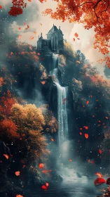 Medieval clifftop fortress above cascading autumn waterfall