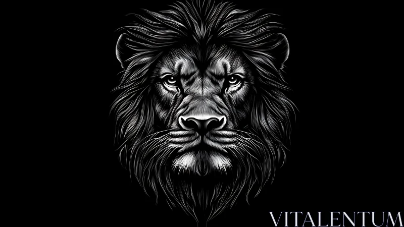 Monochrome lion face illustration centered on black background