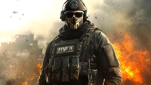 Tactical operator stands before explosions in urban background