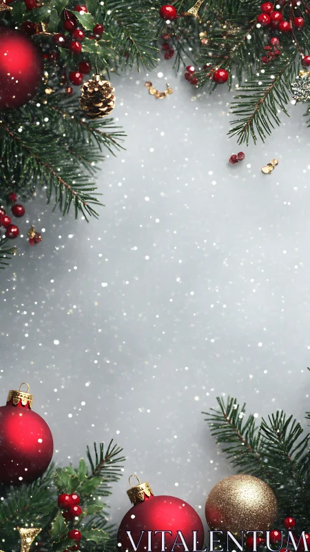 Red baubles and fir branches framing central blank space.