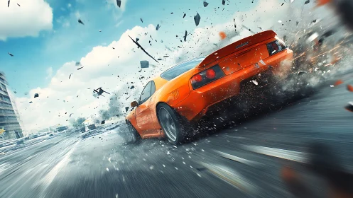 Orange sports car drifting on wet urban roadway in motion.