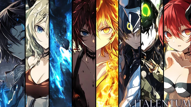 Elemental anime warriors align in a split-screen inferno of power.