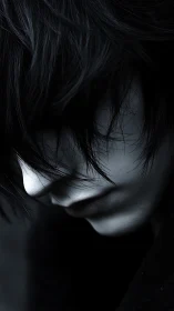 Shadow-haired introvert bending into a quiet blue hush.