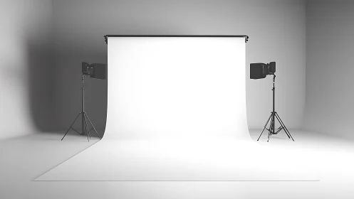 Neutral white photography backdrop with twin studio lights.
