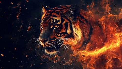 Thermally luminous tiger portrait in combustive flame field.