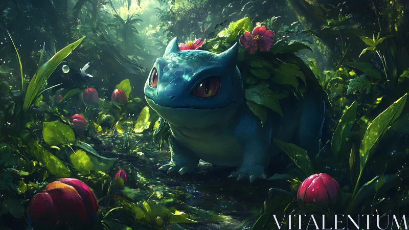 Forest creature with floral shell explores glowing jungle