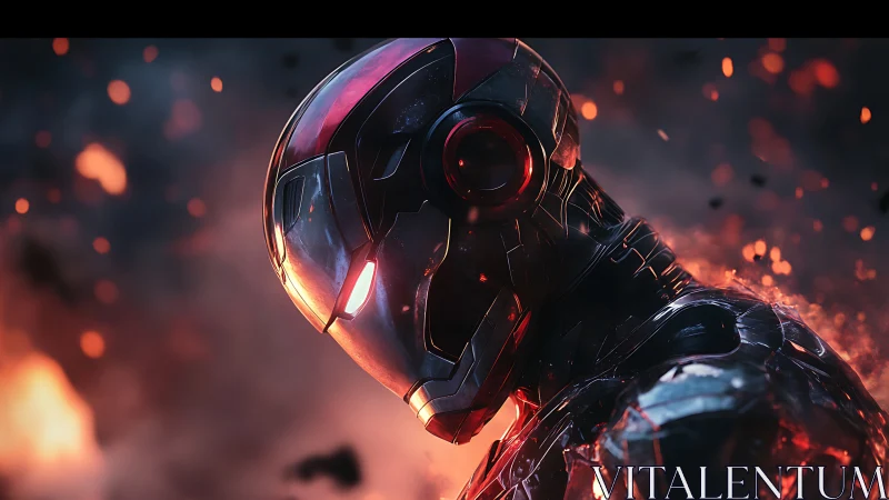 Steel-clad guardian listens to the falling embers of war