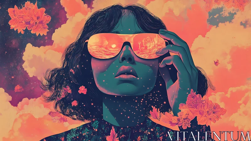 Neon-tinted female portrait integrates mirrored visor and cosmic particles