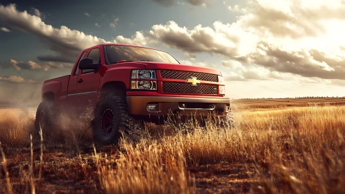 Powerful red pickup truck roars across golden open plains.