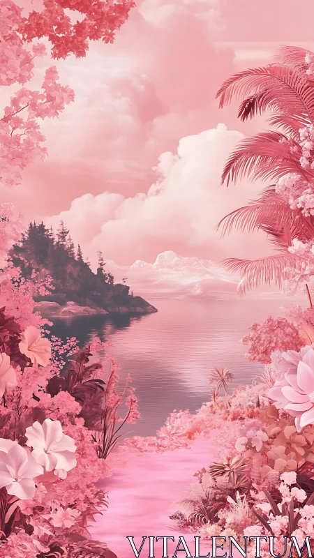 Dreamy pink lakeside garden glowing with soft floral magic.