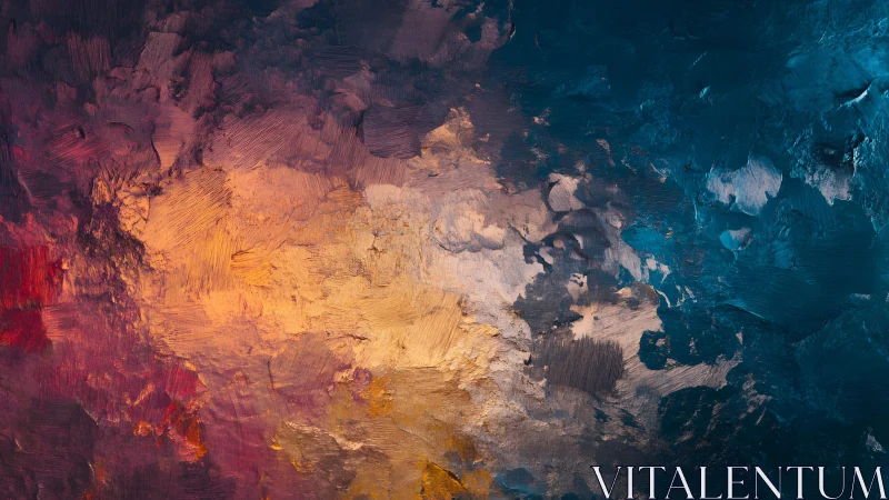 Abstract textured oil painting in warm and cool tones.