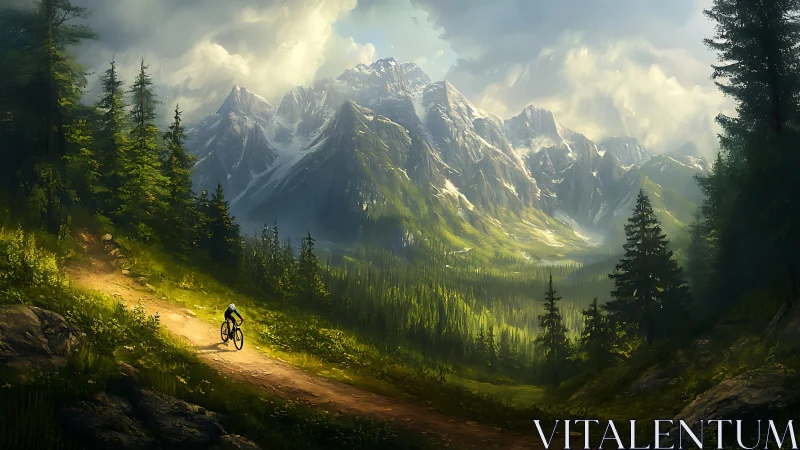Mountain biker on sunlit forest trail beneath snow-capped peaks