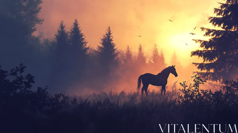 Forest dawn crowns a quiet horse in molten amber light