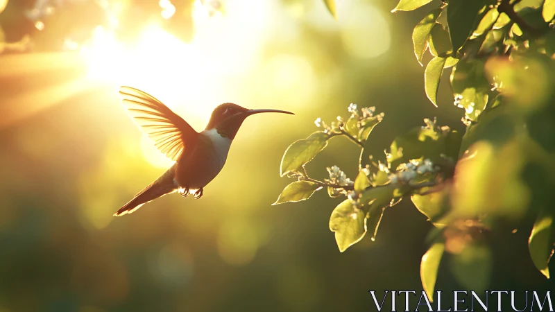 Hummingbird Hovering by Blossoms in Warm Golden Sunlight.