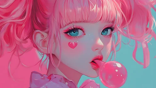 Cotton candy bubblegum girl gazes with dreamy neon eyes.