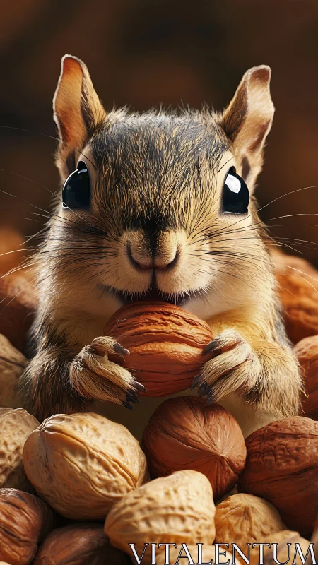 Small chipmunk holding a walnut among mixed whole nuts.