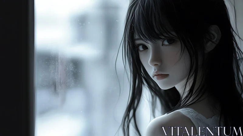 Melancholic girl by frosted window in soft blue light.