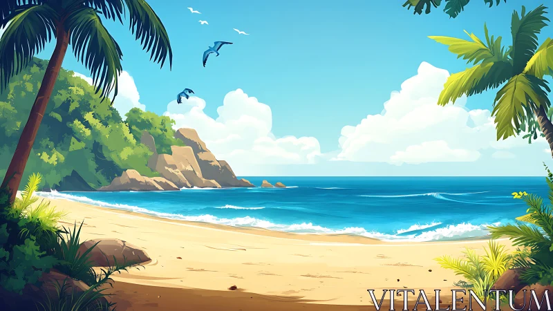 Tropical Beach Landscape with Palmtrees and Rocky Outcrop.