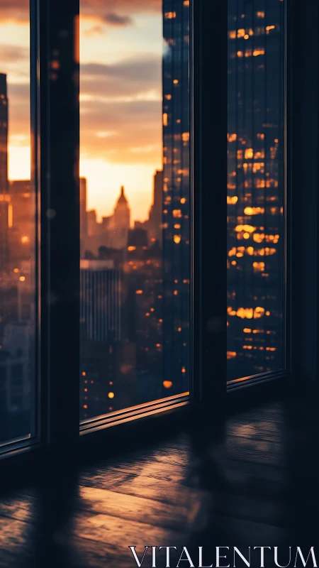 Sunset city skyline through high rise window interior.