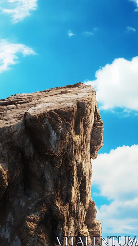 Sunlit rocky cliff reaching into a calm, endless blue sky.