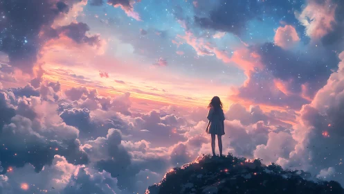 Digital painting of girl above clouds at luminous twilight sky.