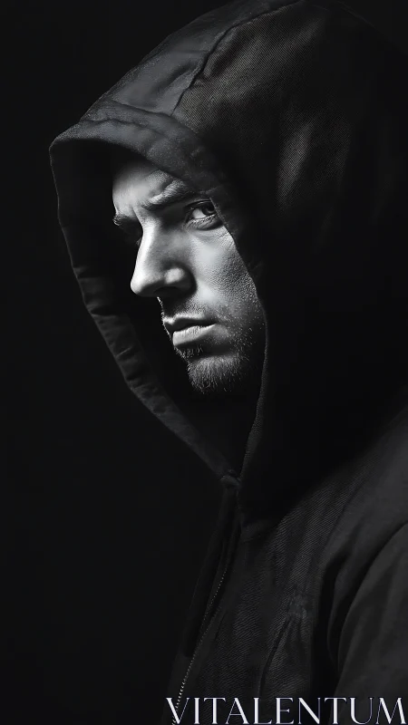 Moody side portrait of man in dark hooded sweatshirt.