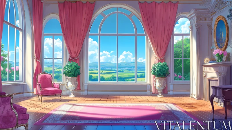 Sunlit pink salon interior overlooks distant green valley