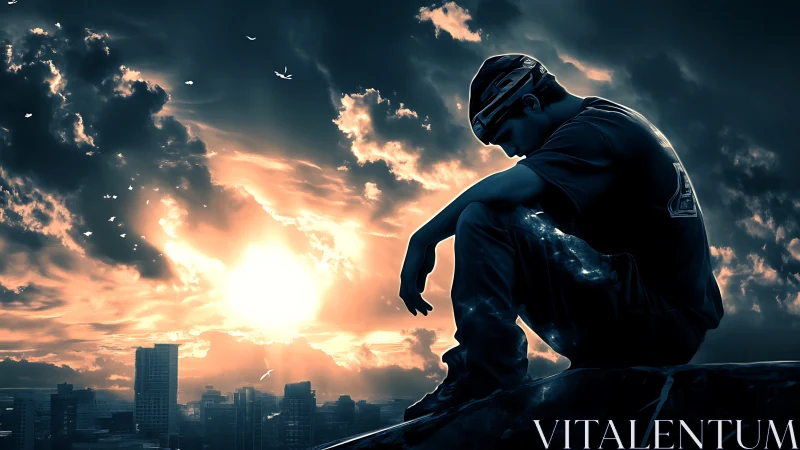 Silhouetted urban figure brooding against hyperreal sunset glow