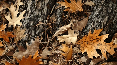 Rustling oak leaves script quiet symmetries on rugged bark