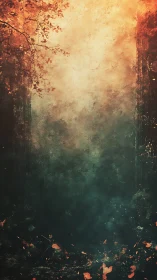 Layered forest landscape with chromatic gradation from warm to cool tones.