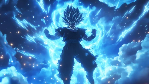 Energy-charged anime figure levitates within blue lightning field
