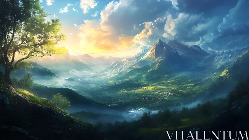 Sunlit alpine valley with misty peaks and dramatic clouds.