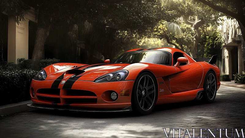 Aerodynamic orange supercar with dual black racing stripes.