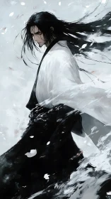 Stormborne swordsage wrapped in monochrome petals and snow.