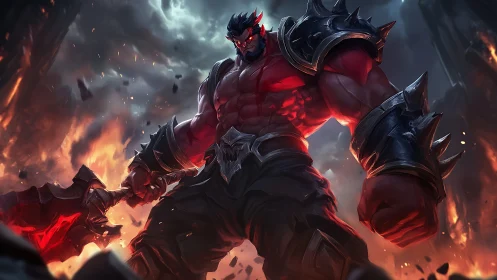 Red armored warrior with axe in molten rocky landscape.