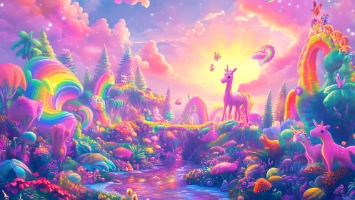Iridescent unicorn valley with rainbow flora and glowing river