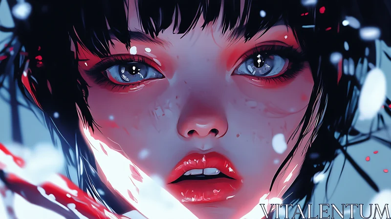 Intense closeup portrait of digital girl with glassy eyes.