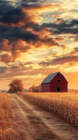 Cornfield dusk road and red barn beneath ember-tinted skies.