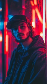 Moody urban portrait glows under neon red and blue light