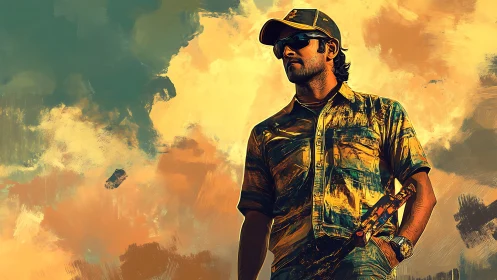 Confident man stands against vivid abstract painted sky