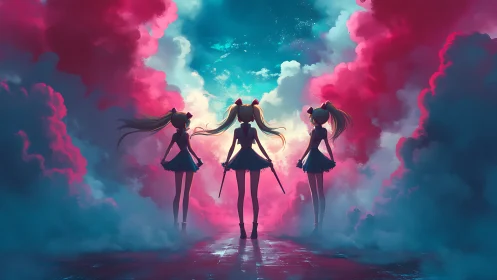 Three anime girls stand in glowing pink and blue clouds
