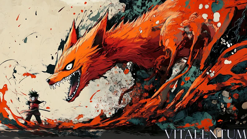 Fiery fox spirit surging beside a brave young warrior.