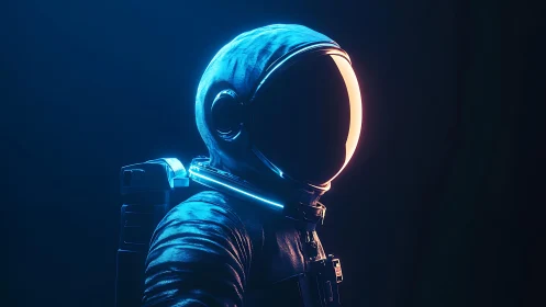 Lone space traveler bathed in gentle neon starlight glow.