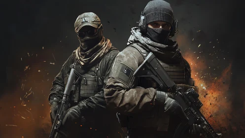 Heavily armed tactical soldiers against fiery explosion.